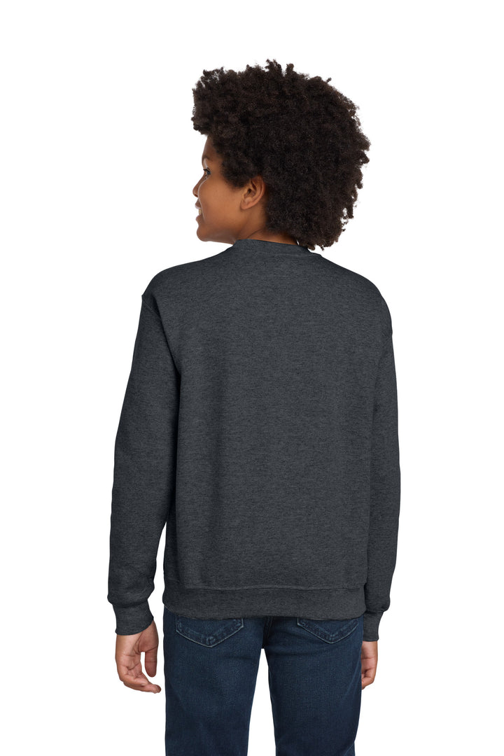 DarkHthr Gildan Youth Heavy Blend Crewneck Sweatshirt. 18000B
