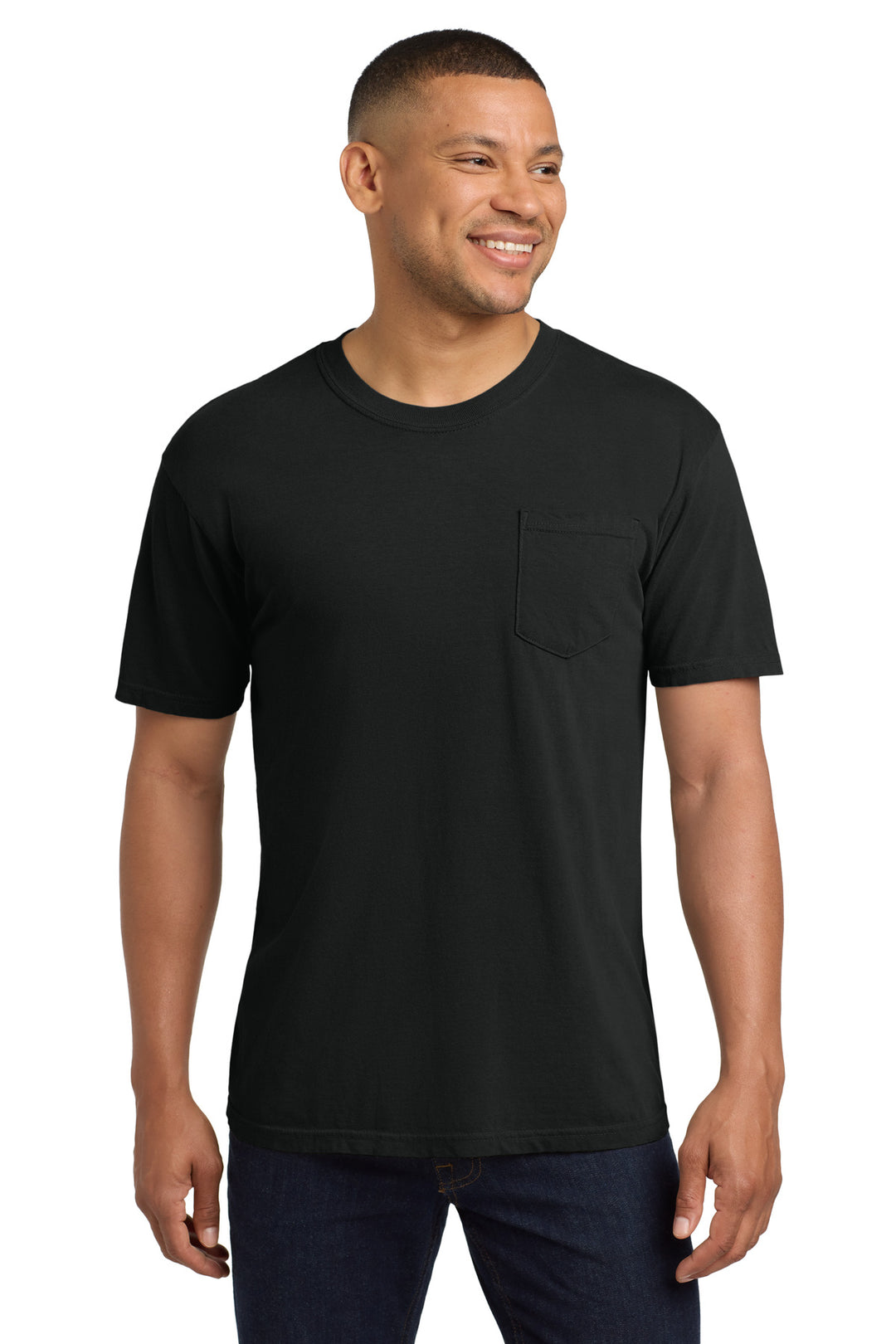 Front View of Black COMFORT COLORS Heavyweight Ring Spun Pocket Tee. 6030