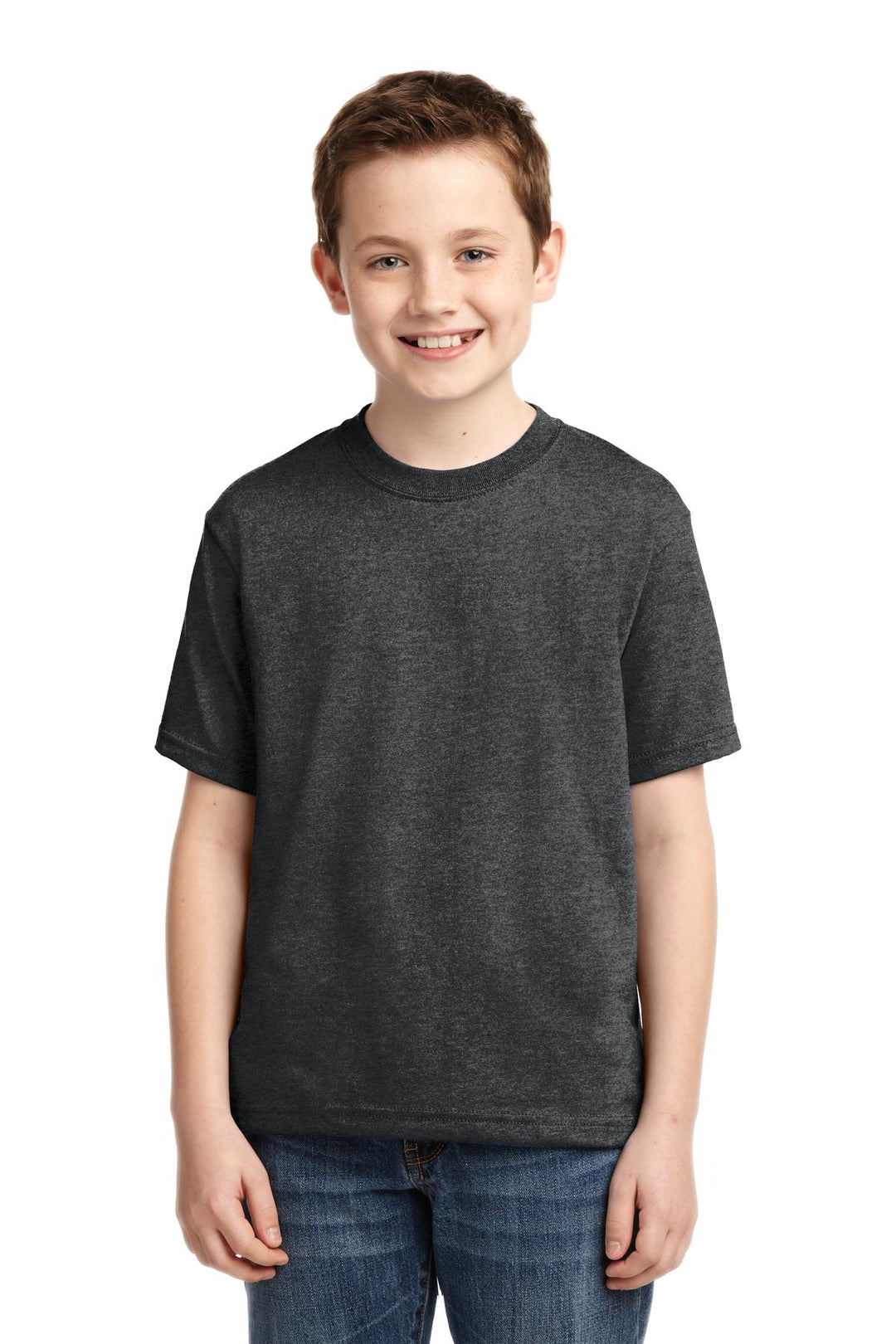 Front View of Black Hthr Jerzees - Youth Dri-Power 50/50 Cotton/Poly T-Shirt. 29B