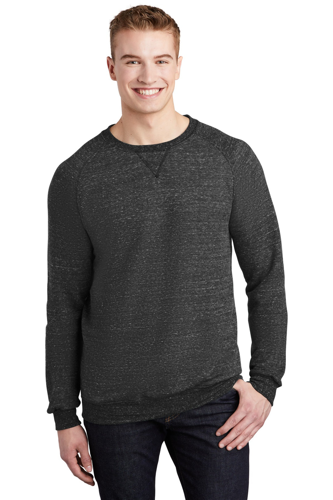 Front View of Black Ink Jerzees Snow Heather French Terry Raglan Crew 91M
