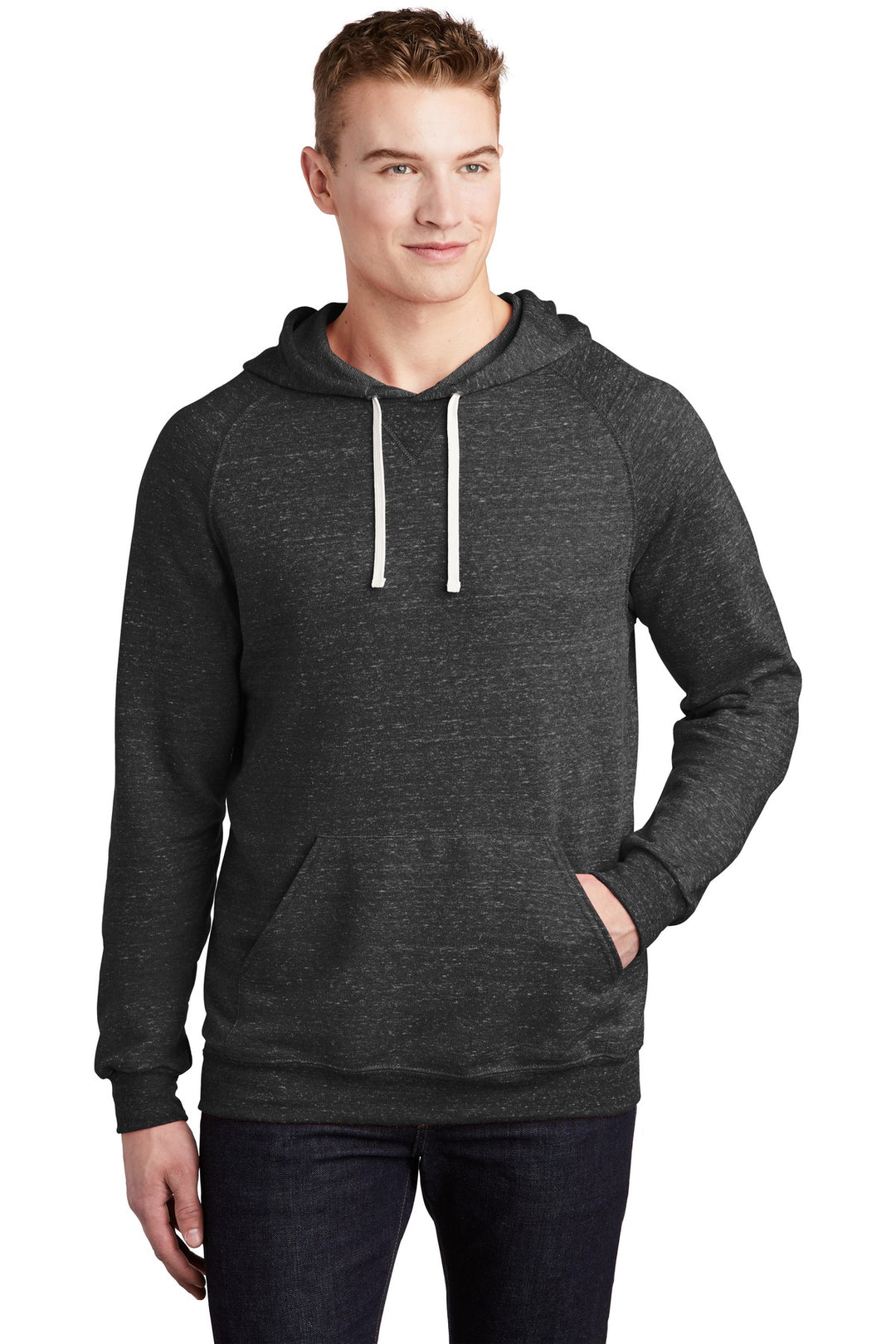 Front View of Black Ink Jerzees Snow Heather French Terry Raglan Hoodie 90M