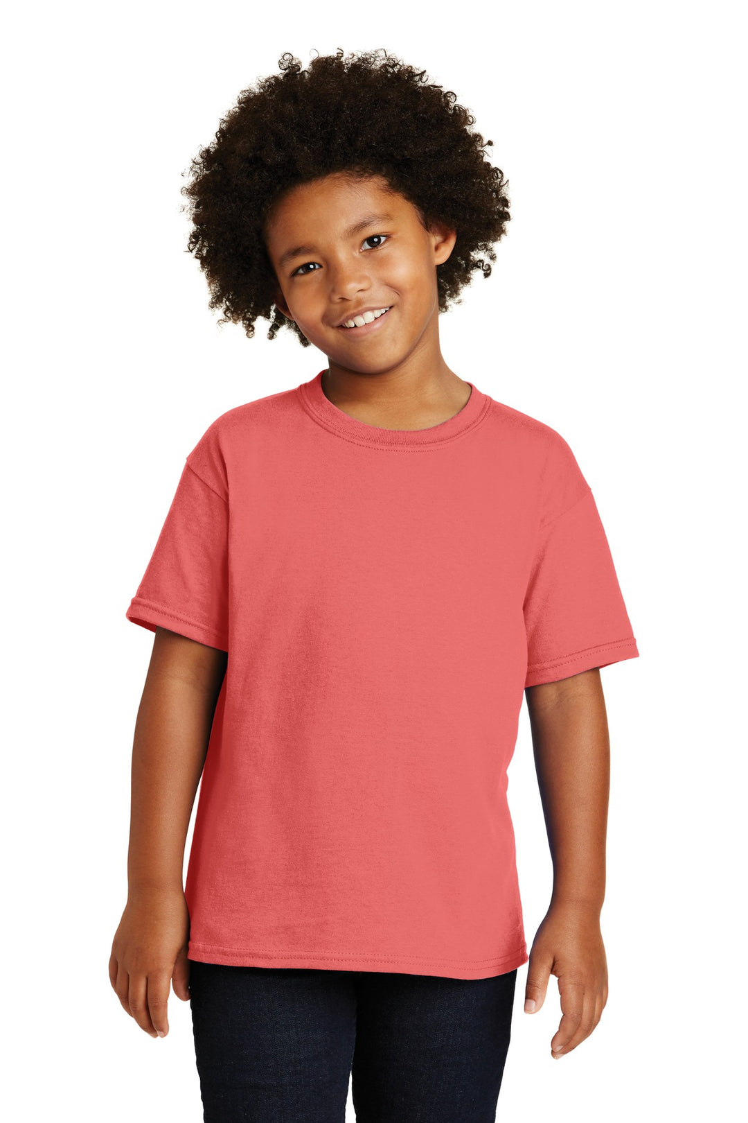 Front View of Coral Silk Gildan - Youth Heavy Cotton 100% Cotton T-Shirt. 5000B