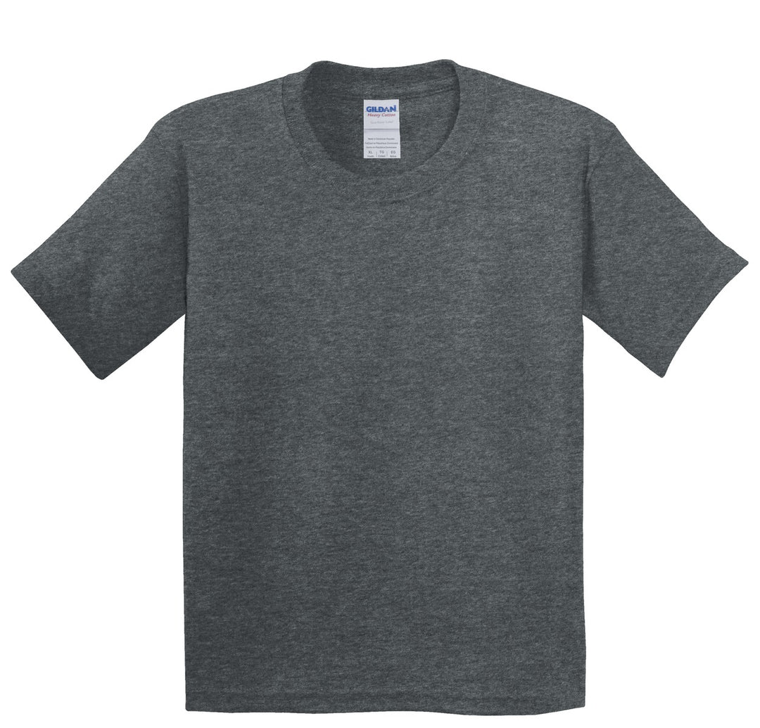 Front View of Dark Heather Gildan - Youth Heavy Cotton 100% Cotton T-Shirt. 5000B