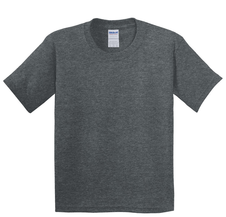 Front View of Dark Heather Gildan - Youth Heavy Cotton 100% Cotton T-Shirt. 5000B