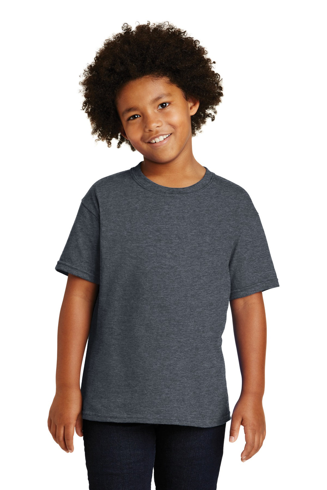 Front View of Dark Heather Gildan - Youth Heavy Cotton 100% Cotton T-Shirt. 5000B