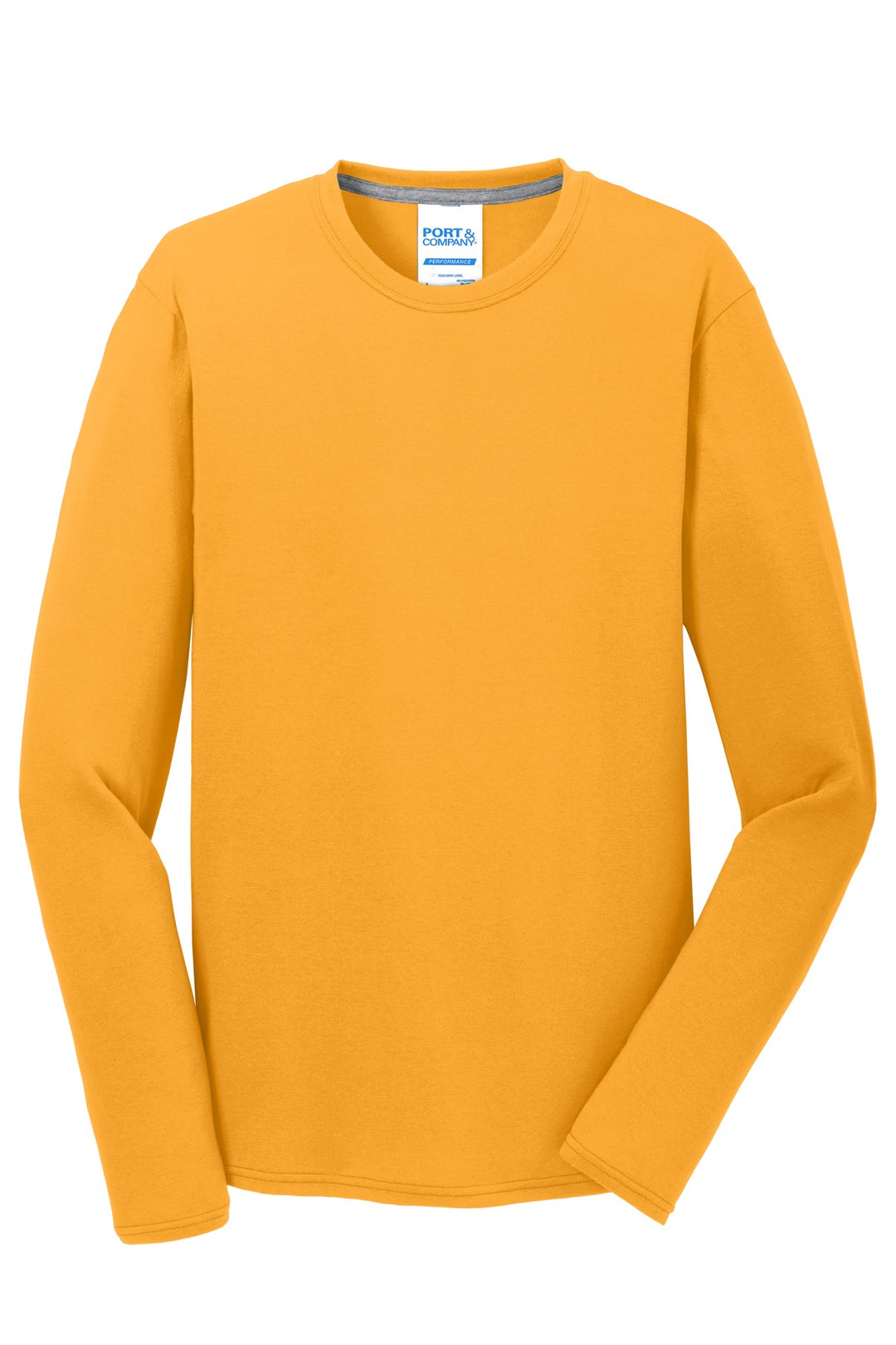 Front View of Gold Port & Company Long Sleeve Performance Blend Tee. PC381LS