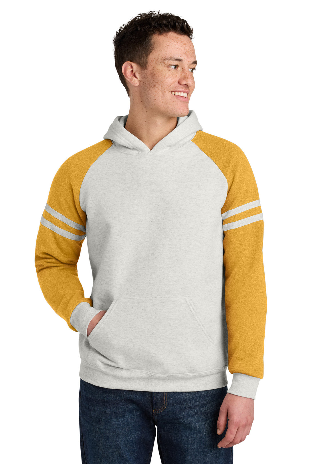 Front View of OatH/MstdH Jerzees Unisex NuBlend Varsity Colorblock Hooded Sweatshirt 97C