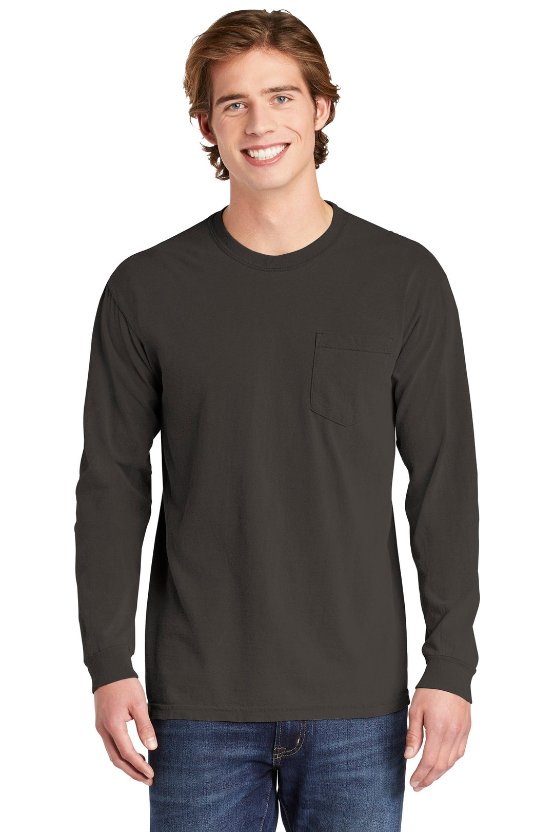 Front View of Pepper COMFORT COLORS Heavyweight Ring Spun Long Sleeve Pocket Tee. 4410