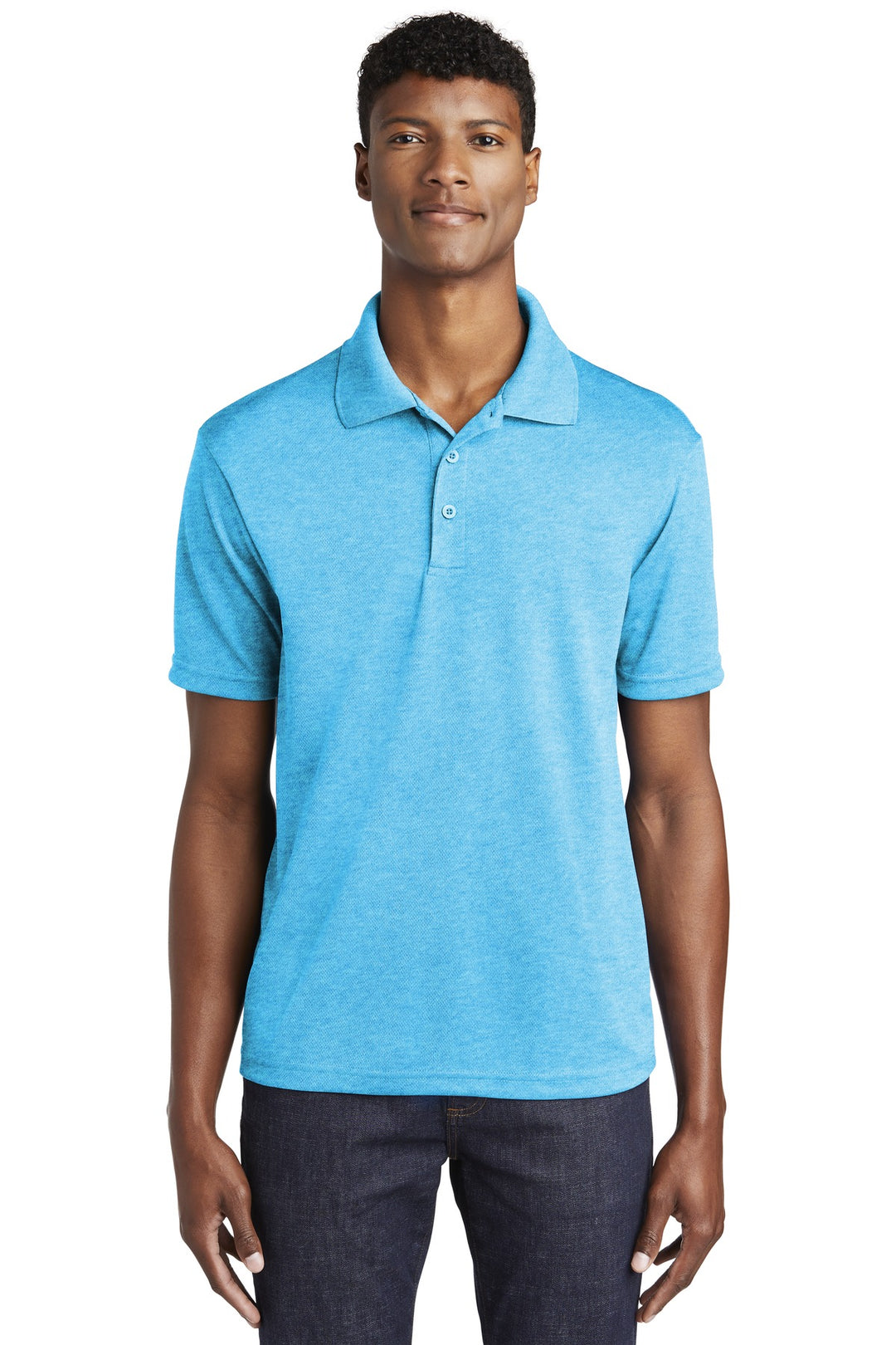 Front View of Pond Blue Hthr Sport-Tek PosiCharge RacerMesh Polo. ST640