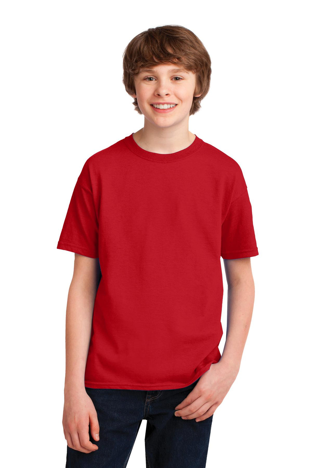 Front View of Red Gildan Youth Gildan Performance T-Shirt. 42000B