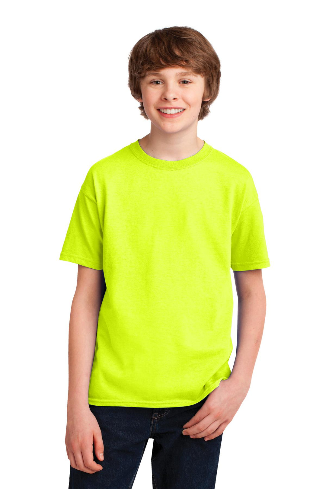 Front View of Safety Green Gildan Youth Gildan Performance T-Shirt. 42000B