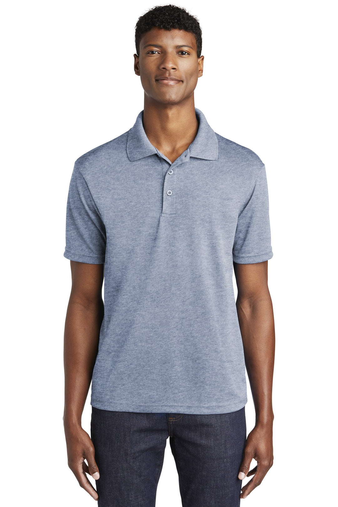 Front View of True Navy Hthr Sport-Tek PosiCharge RacerMesh Polo. ST640