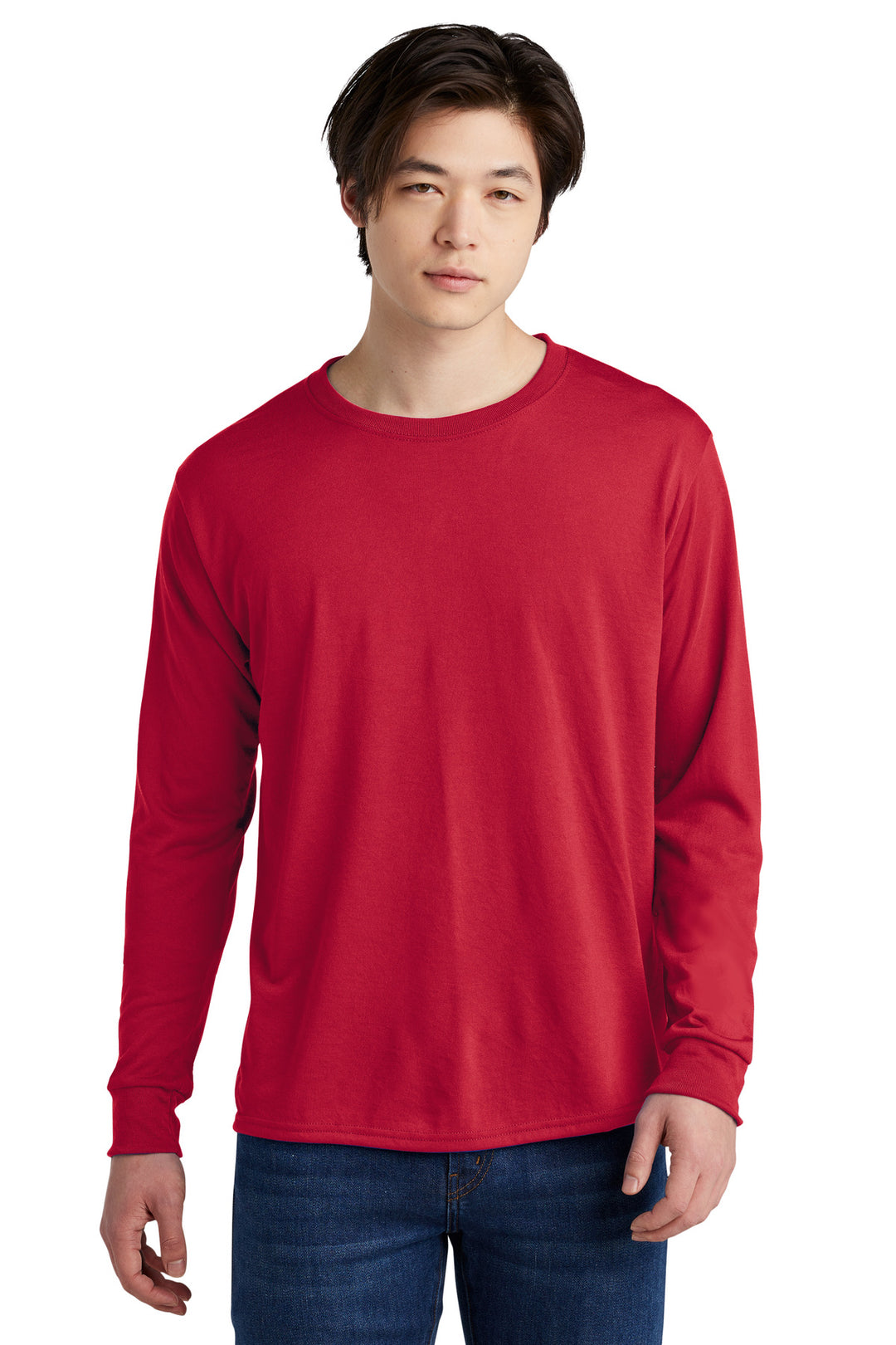 Front View of TrueRed Jerzees Dri-Power 100% Polyester Long Sleeve T-Shirt 21LS