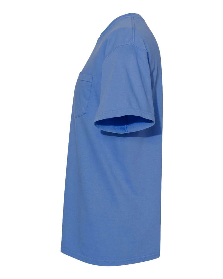 Left View of Neon Blue Garment-Dyed Heavyweight Pocket T-Shirt - 6030