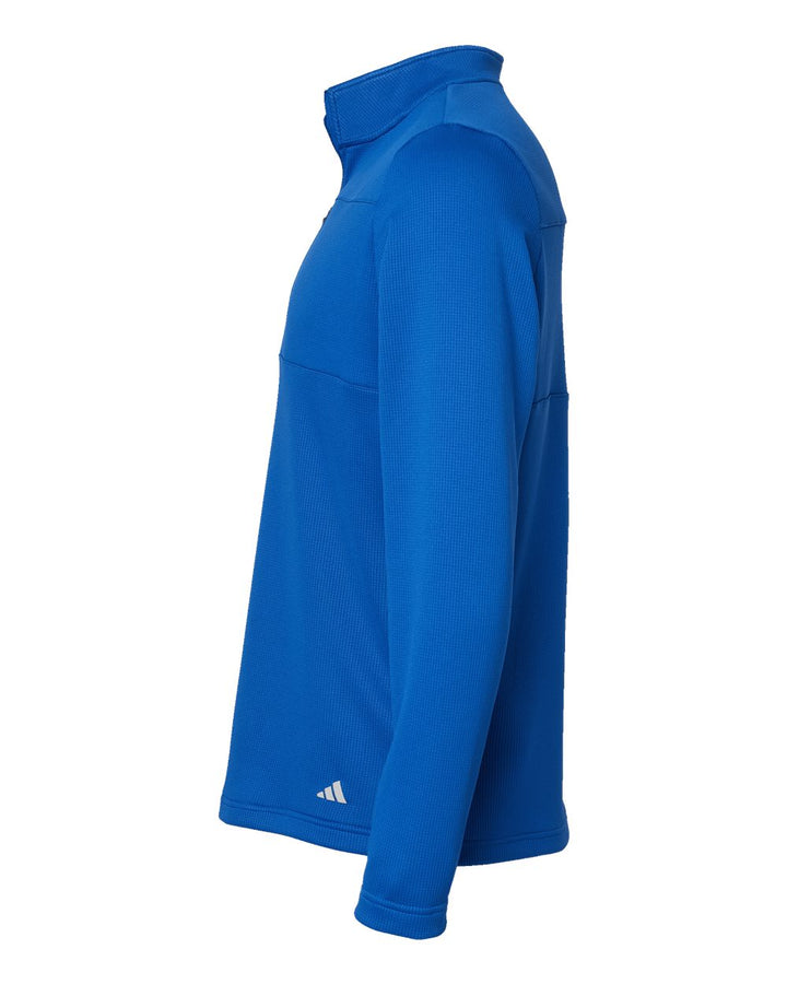 Left View of Team Royal/ Grey Two 3-Stripes Double Knit Quarter-Zip Pullover - A482