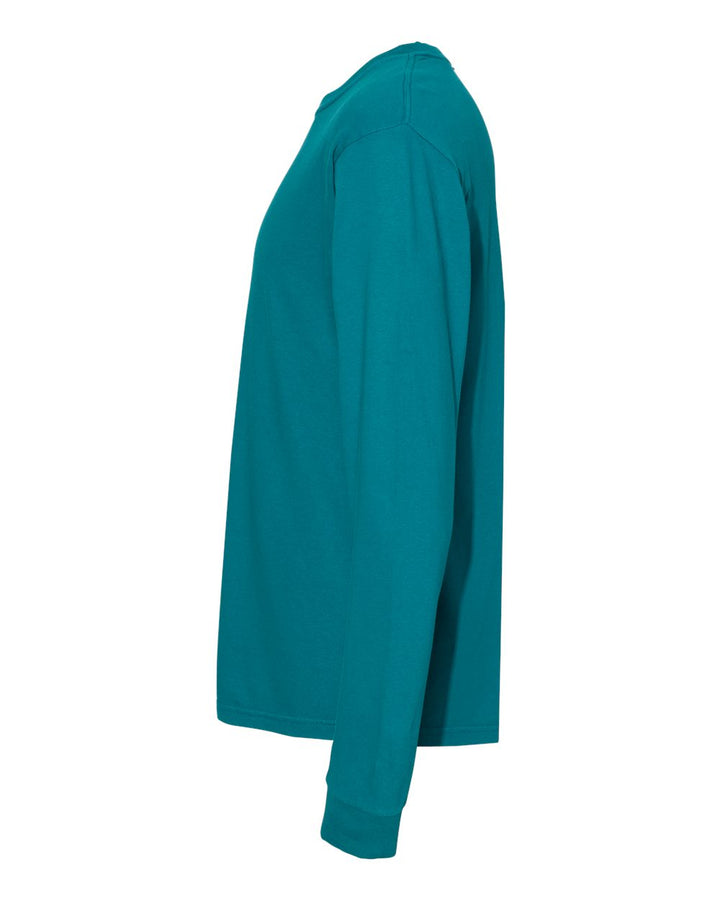 Left View of Topaz Blue Garment-Dyed Heavyweight Long Sleeve T-Shirt - 6014