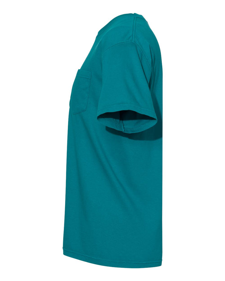 Left View of Topaz Blue Garment-Dyed Heavyweight Pocket T-Shirt - 6030