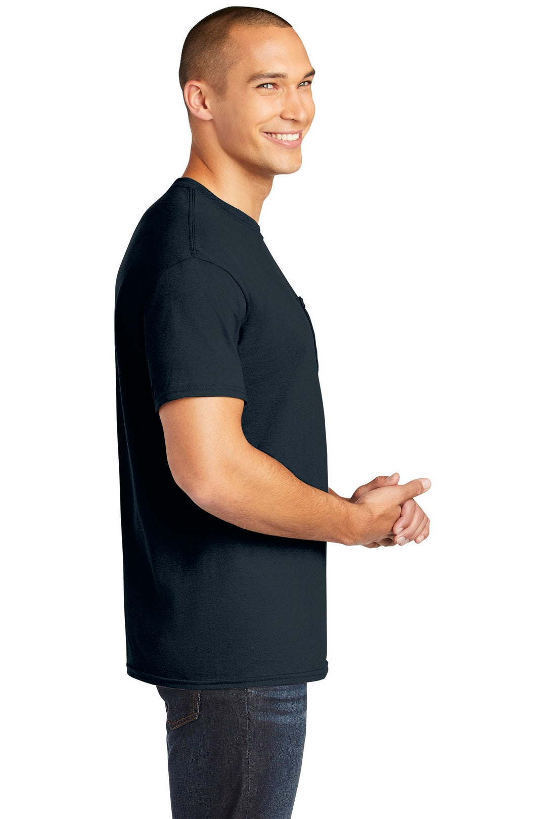Navy Gildan Heavy Cotton 100% Cotton Pocket T-Shirt. 5300