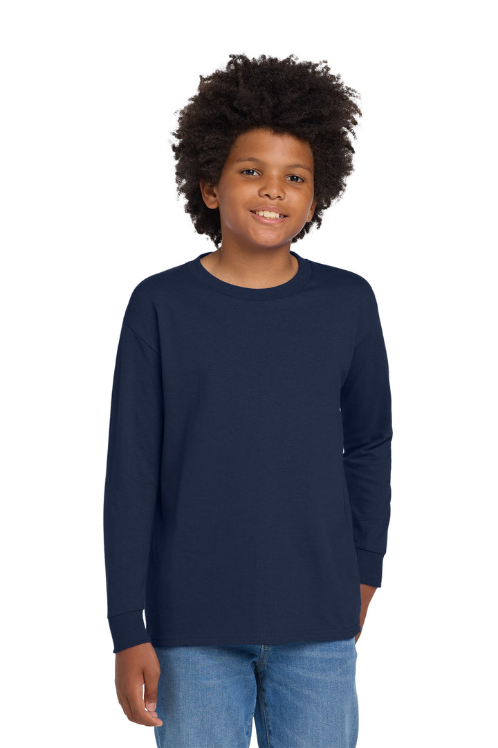 Navy Gildan Youth Heavy Cotton 100% Cotton Long Sleeve T-Shirt. 5400B