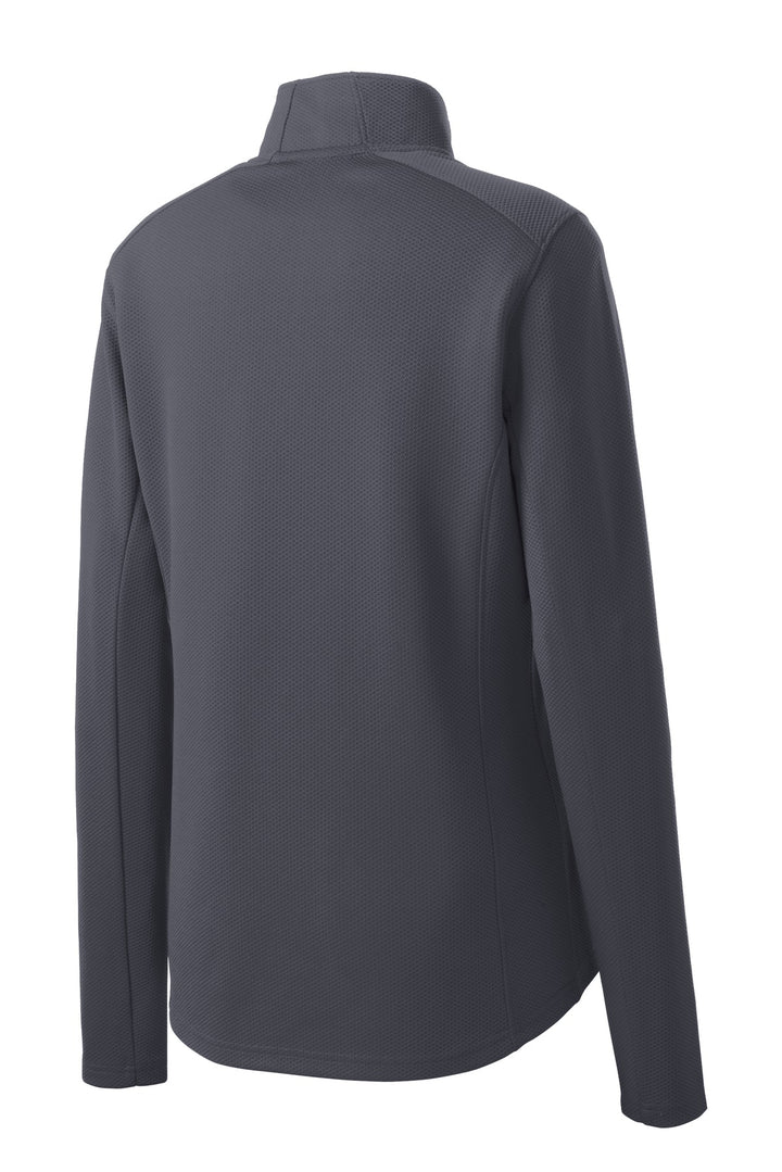 Rear View of Iron Grey Sport-Tek Women's Sport-Wick Textured 1/4-Zip Pullover. LST860