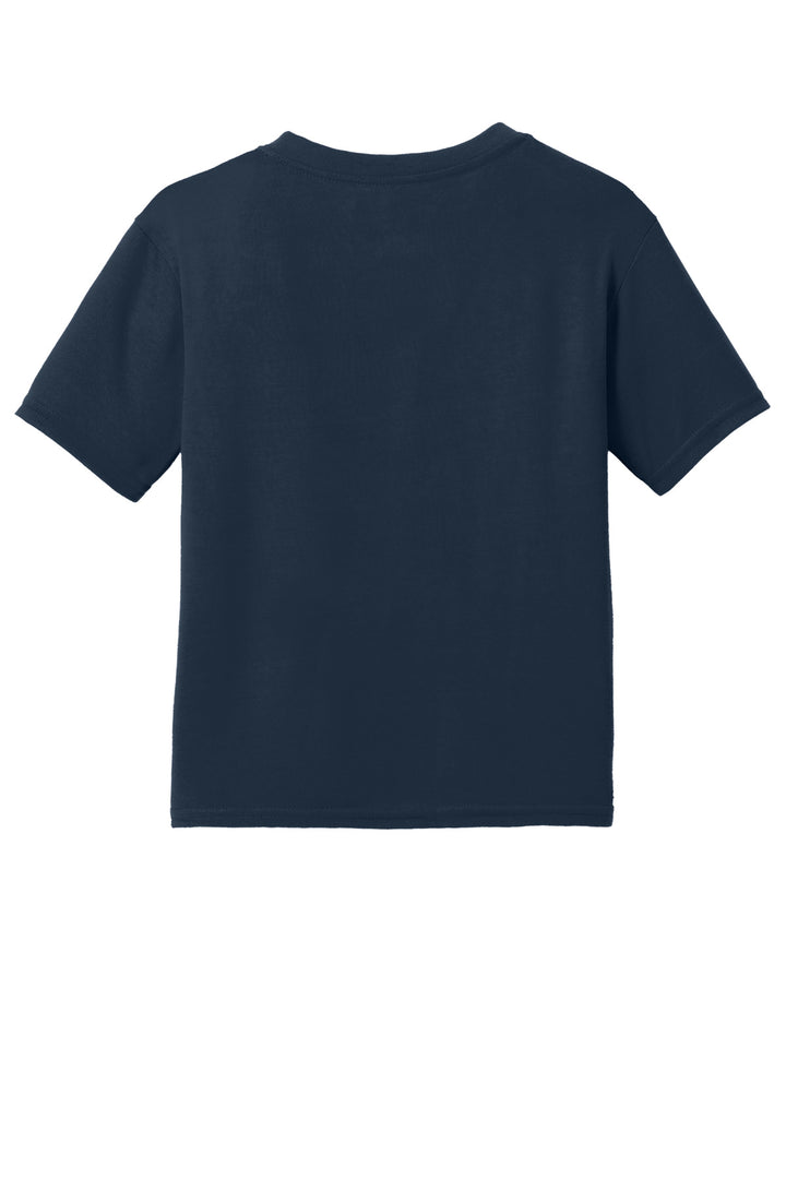 Rear View of Navy Gildan Youth Gildan Performance T-Shirt. 42000B