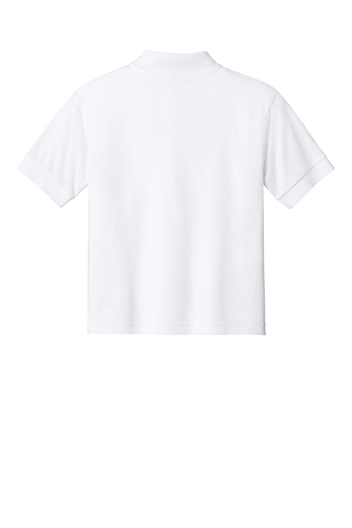 Rear View of White Gildan Youth DryBlend 6-Ounce Jersey Knit Sport Shirt. 8800B