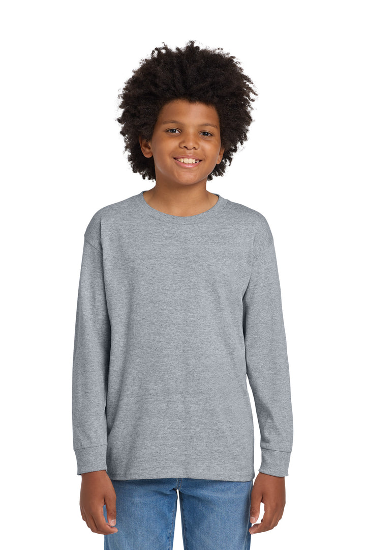 Sport Grey Gildan Youth Heavy Cotton 100% Cotton Long Sleeve T-Shirt. 5400B