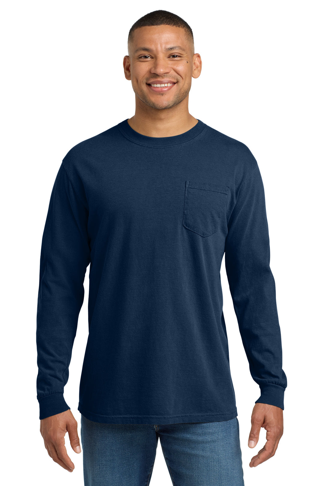 True Navy COMFORT COLORS Heavyweight Ring Spun Long Sleeve Pocket Tee. 4410