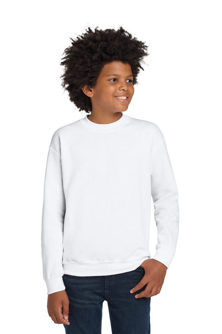 White Gildan Youth Heavy Blend Crewneck Sweatshirt. 18000B